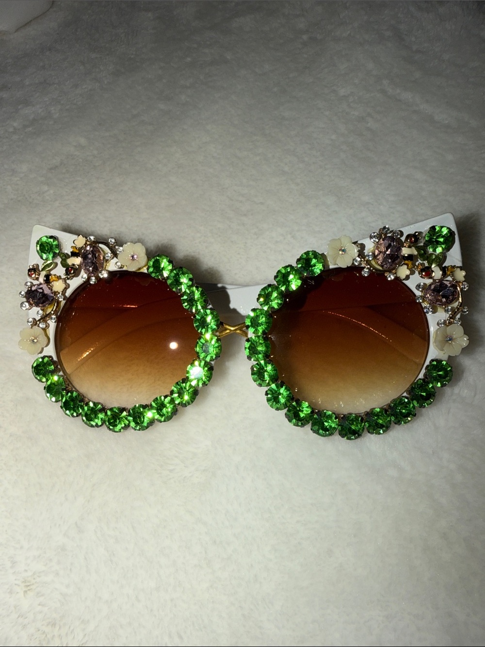 Embellished Round Sunglasses with Green Crystal Accents